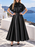 Satin Two Piece Sets for Women Bow Tie Mock Neck Blouse High Waist Flared A‑Line Maxi Skirt for Formal Banquet Party Wear