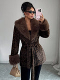 Leopard Print Faux Fur Jacket Womens Long Sleeve Fur Collar Cuff Pockets Coat Autumn Party Winter Streetwear Trendy Outerwear