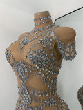 Sparkly Red Rhinestones Women Sexy Mesh See Through High Stretch Bodysuit Nightclub Performance Dance Costume Singer Stage Wear