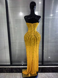 Sparkly Red Golden Big Crystal Women Strapless Mesh See Through Bodycon Long Maxi Dress Elegant Evening Party Cocktail Outfit