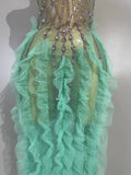 Women Sparkly Rhinestone Eveing Birthday Party Nightclub Bar Stage Costume Sexy Sleeveless Mesh Ruffled See Through Long Dress