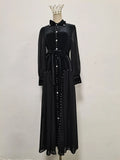Elegant Patchwork Beading Formal Party Dresses for Women O Neck Long Sleeve Spliced Sheer Mesh Midi Dress Female Clothing