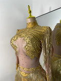 Women Sexy Long Sleeve Spandex Beading Tassels Skiny Bodysuit Performance Dance Costume Nightclub Party Outfit