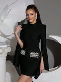 Black Women's Diamond Cloak Sleeve Design Bandage Mini Dress Long Sleeve Elegant Fashion Birthday Party Wedding Guest