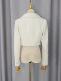 Elegant Bridesmaids White Two Piece Set for Women Lapel Pearl Accent Crop Jacket A Line Midi Skirts Suit for Formal Events