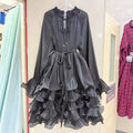 Ruffled Mock Neck Mini Dress for Women Tie Neck Long Sleeve Flare Cuff Self Tie Sash Waist Tiered Ruffle for Party Occasions