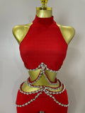 Luxury Rhinestone Red Sexy Cut Out Two Piece Pants Bandage Set 2026 Women Celebrity Designer Fashion Women's Set Stage Outfit