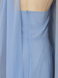 Light Blue Ruched Bodycon Mermaid Maxi Dress for Women for Cape Sleeve Design Draped Skirt for Red Carpet Award Ceremonies