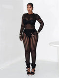 Hottie See Through Jumpsuit Women O-Neck Irregular Stripe Patchwork Jacquard Hollow Sexy Street Stretch Slim Overall