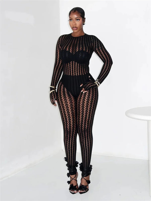 Hottie See Through Jumpsuit Women O-Neck Irregular Stripe Patchwork Jacquard Hollow Sexy Street Stretch Slim Overall