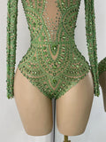 Sparkly Rhinestones Luxury Women Strecht Bodycon Sexy Long Sleeves Singer Performance Stage Nightclub Outfit Dancer Costume