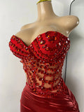 Sparkly Red Diamonds Asymmetrical Two Pieces Dress Design 2025 Women Sexy Strapless Top Skirt Suits Dance Performance Outfit