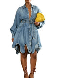 Women Lapel Long Sleeve Denim Dresses Belted Waist Ruffle Hem Loose Elegant Casual Shirt Mini Dress Autumn