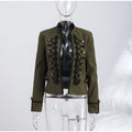 Women Woven Patchwork Napoleon Jacket Shoulder Pad Long Sleeve Hook Closure Street Blazer 2026 Spring Chic Casual Edgy Crop Coat