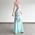 Printed Pink Green Elegant Cheongsam Dress Retro slim-fit Mesh Sleeveless Long Dress For Women Dance Qipao
