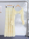 Sexy Off Shoulder Top Maxi Skirt Sets Chic Ruffled Sheer Chiffon Crop Tops High Waist Skirt 2026 New Lady Vacation Party Outfit