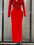 Red Color Women Long Sleeve Sexy V-Neck Florals Golden Sequined Bodycon Long Bandage Dress Winter Celebrate Evening Outfit