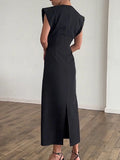Black Loose Spliced Buttos Chic Dresses for Women O Neck Sleeveless Elegant Commute Dress Female Summer Fashion New