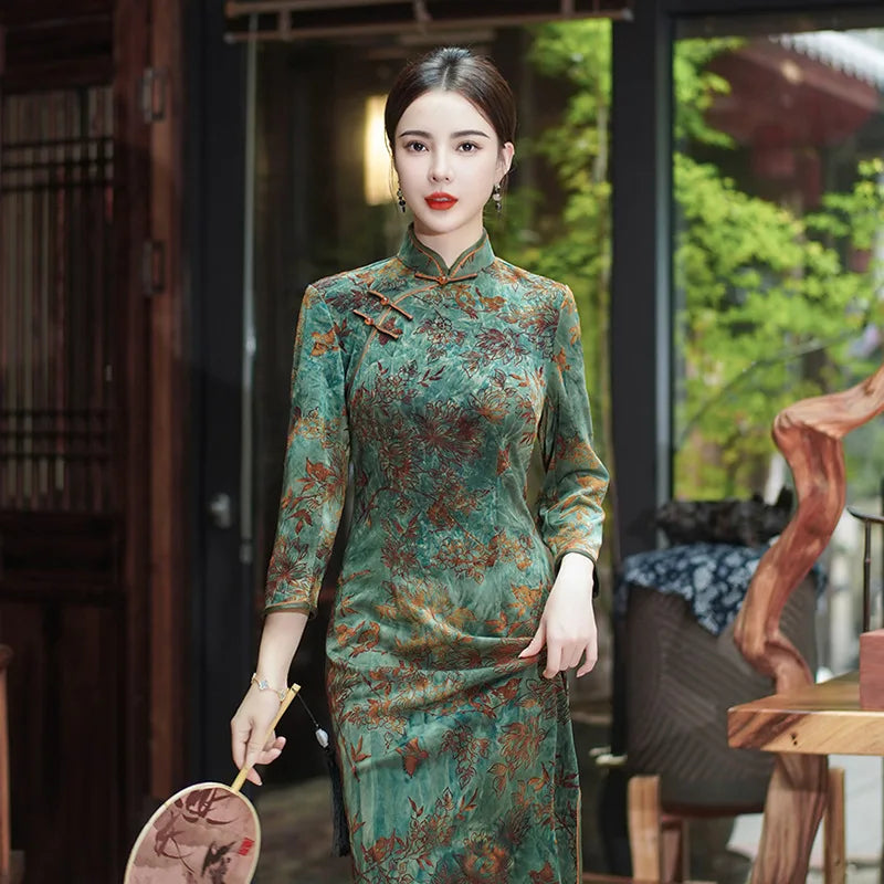 New 5 Color Women Cheongsam Improved Winter Plus Size Dress Chinese Traditional Evening Dresses Long Qipao Costume