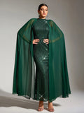 Sexy Party Women's Green Sequined Dress Fashion Chiffon Cloak Sleeve Bodycon Wedding Guest Evening Cocktail Long Dresses