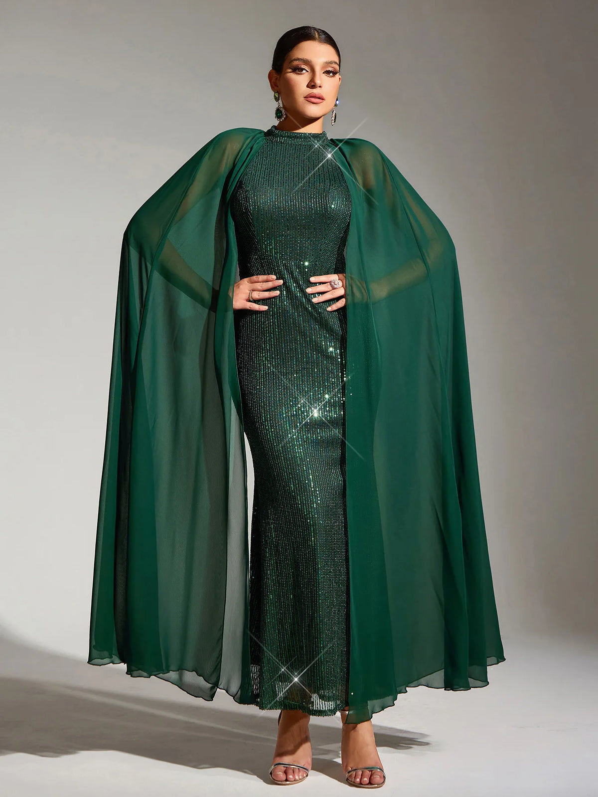 Sexy Party Women's Green Sequined Dress Fashion Chiffon Cloak Sleeve Bodycon Wedding Guest Evening Cocktail Long Dresses