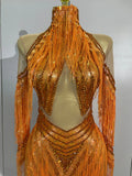 Women Sparkly Diamond Orange Tassel Latin Dance Outfits Long Sleeves Mesh Transparent Dress Bar Nightclub Party Club Stage Wear