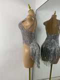 Sexy Mesh See Through Bodysuit Women Glitter Rhinestones Tassel Sleeveless Performance Dance Costume Nightclub Bar Stage Wear