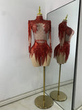 Women Sexy Long Sleeve Spandex Beading Tassels Skiny Bodysuit Performance Dance Costume Nightclub Party Outfit