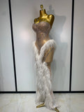 Women Sexy Strapless Sparkly Diamonds Tassel Mesh See Through Dress Celebrate Birthday Evening Party Nightclub Stage Costume