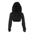Furry Patchwork Jacket Women Hooded Autumn Trend Zip Super Short Full Sleeve Simple Wild Gothic Punk Street Club Coat