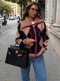 Women Color Block Argyle Knitted Cardigan Lapel Collar Zip Loose Long Sleeve Sweater 2026 Fashion Autumn Retro Casual Outerwear