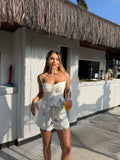 White Floral Print Two Piece Set Spaghetti Strap Ruffle Corset Top Strap Wide Leg Pants 2026 Summer Street Casual Women Outfit
