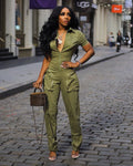 Sexy Deep V-neck Party Woman Jumpsuits Zipper Pocket Turn Down Collar Skinny Night Club Outfits One Piece Jumpsuit
