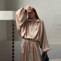 Casual Loose Coats Pants Set Women Full Sleeve Lapel Zippers Solid Coat Long Straight Pleated Pant Sets 2026 Autumn Lady Suit