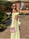 Sexy Off Shoulder Top Maxi Skirt Sets Chic Ruffled Sheer Chiffon Crop Tops High Waist Skirt 2026 New Lady Vacation Party Outfit