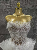 Glamorous White Lace Strapless Tops Ruffles Mini Skirt 2 PCS Set Women Evening Party Nightclub Singer Stage Performance