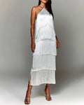Solid Spliced Tassel Dresses for Women Halter Sleeveless High Waist Temperament Dresses Female Fashion New