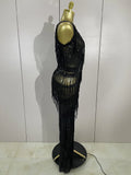 Sparkly Black Rhinestones Sequined Fringe Jumpsuit Women Sexy Nightclub Party Birthday Outfit Show Singer Stage Perform Costume