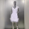 2026 Women's Luxury Rhinestone Feather Sequin Embroidered White Mesh Dress Glam Fashion Celebrity Party Evening Performance Gown