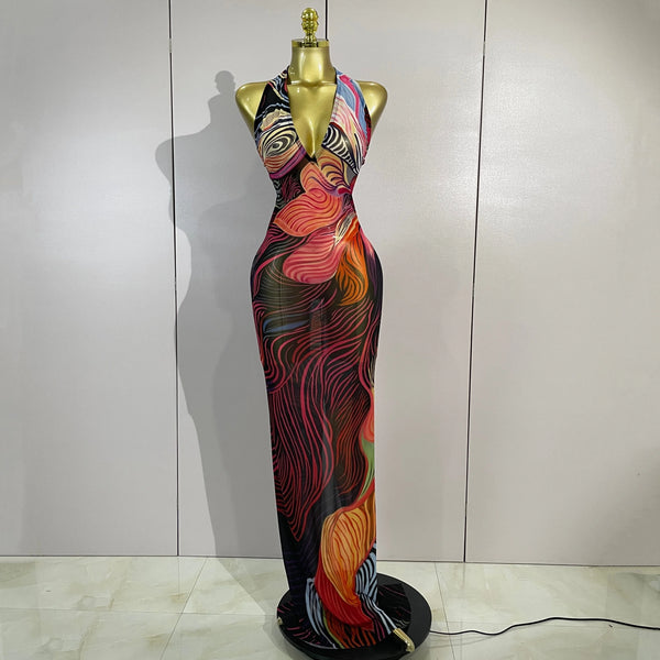 Sexy Colorful Print Halter Deep V Neck Backless Mesh Long Dress Women  Birthday Photo Shoot Eveing Party Club Bar Stage Costume