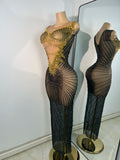 Sparkly Rhinestones Gold Black Long Dress Women Evening Prom Birthday Gown Sexy Transparent Performance Costume Stage Wear