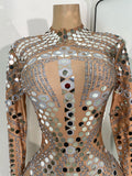 Women Sexy Spandex Tight Jumpsuit Long Sleeve Mirrors Cosplay Costume Nightclub Dancer Outfit Performance Stage Wear