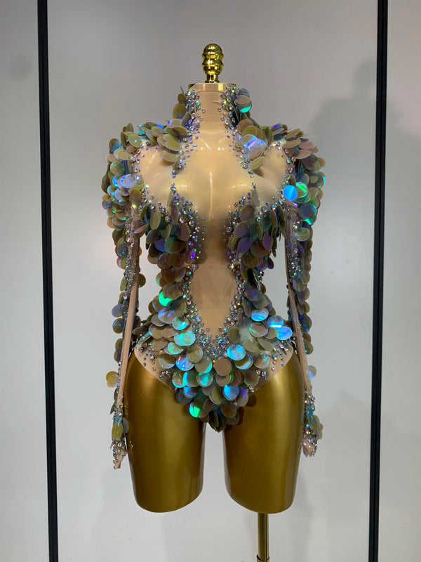 Sparkly Rhinestones Colorful Sequins Sexy Mesh Stretch Bodysuits Evening Birthday Party Club Bar Singer Dancer Stage Costume