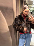 Women's Brown Faux Fur Cropped Jacket Fashion Stand Collar Single Breasted Pocket Casual Coat Lady 2026 Spring Chic Outerwear