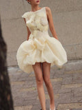 Fashion Orange 3D Floral Appliquet Mini Dress for Women Sleeveless O Neck Slim Sheer Tulle Puffed Skirt for Themed Parties
