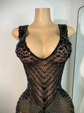Luxury Rhinestones Mesh Short Dress Women Sexy Transparent Performance Stage Costume Black V Neck Nightclub Birthday Clothes