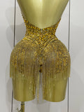 Luxury Golden Rhinestone Sexy Mesh Stretch Bodysuits Women Birthday Dancer Performance Stage Wear Nightclub Team Hotwife Outfit