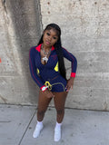 Casual Tracksuit 2-Piece Set Women Patchwork Zip Letter Print Jacket+Drawstring Shorts Matching Simple Sporty Outfit
