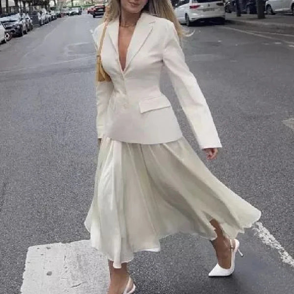 Solid Loose Spliced Single Breasted Dresses for Women Lapel Long Sleeves Patchwork Folds Elegant Dress Female New