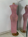 Luxury Crystal Diamonds Long Party Dress Sexy Mesh Sleeveless See Through Evening Prom Birthday Women's Clothing Singer Wear